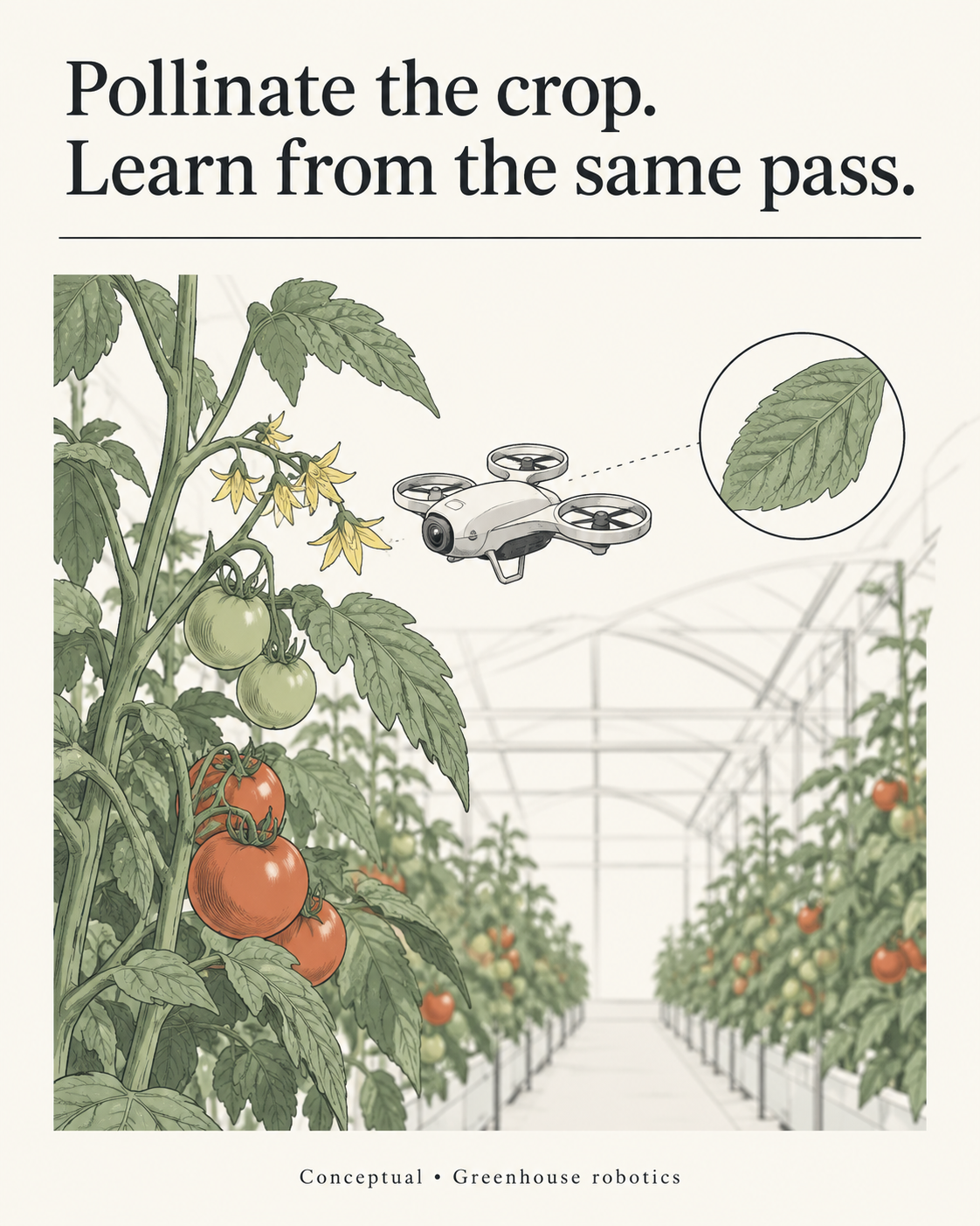 Conceptual greenhouse robotics illustration showing a drone beside tomato flowers and a crop-observation detail.